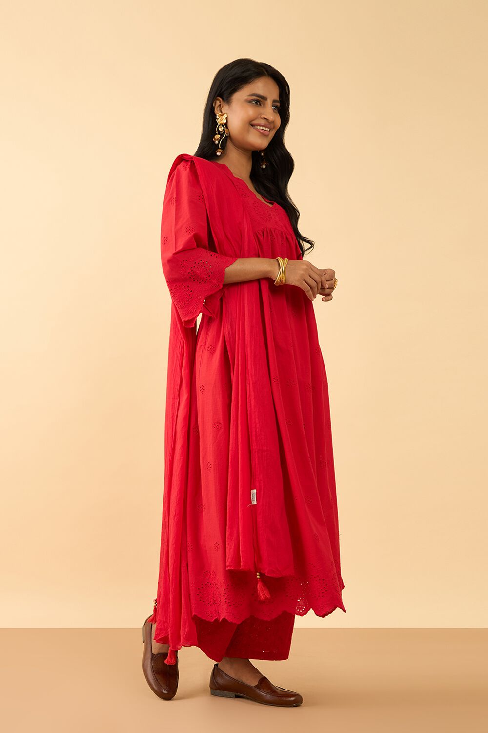Red Embroidered Pure Cotton Kurta Set image number null