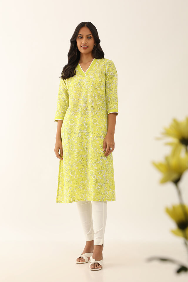 Yellow Pure Cotton Block Printed Kurta with Embroidery