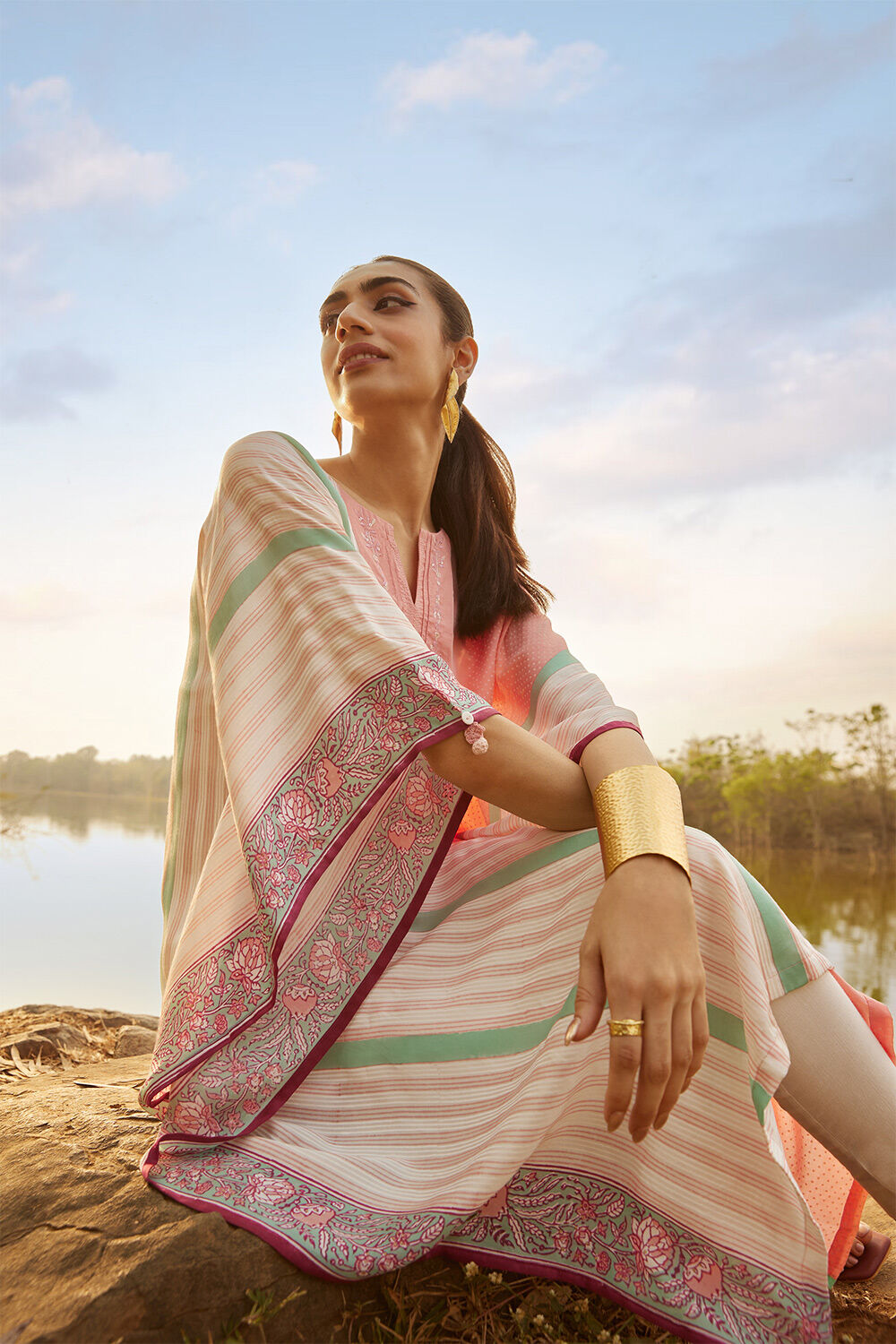Light Pink Viscose Block Printed Sanganeri Kurta image number null