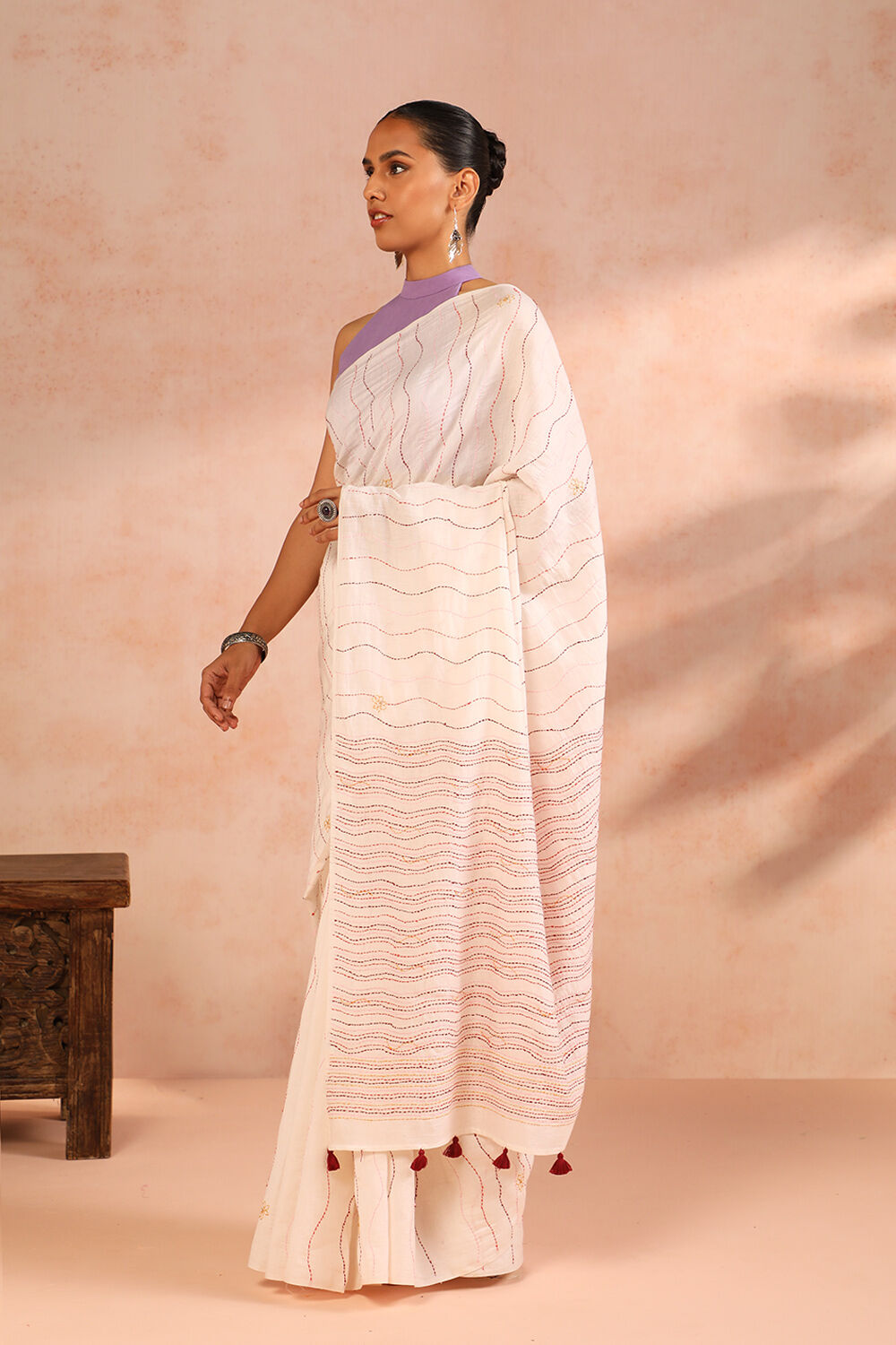Off White Bengal Pure Silk Cotton Kantha Embroidered Saree image number null