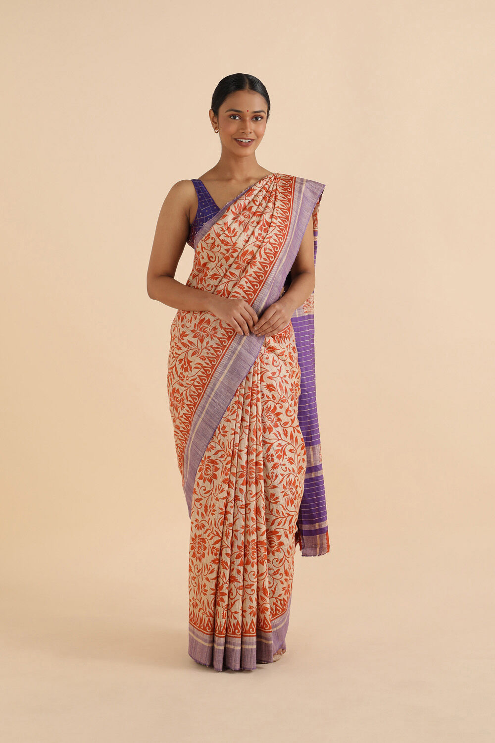 Beige Pure Tussar Silk Printed Saree image number null