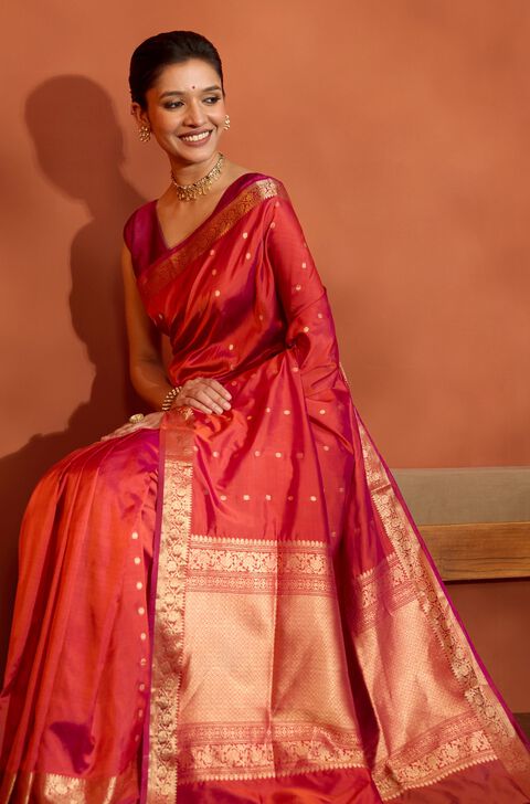 Orange Silk Viscose Cutwork Banaras Inspired Design Saree