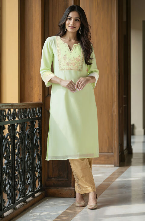 Light Green Pure Silk Cotton Embroidered Kurta