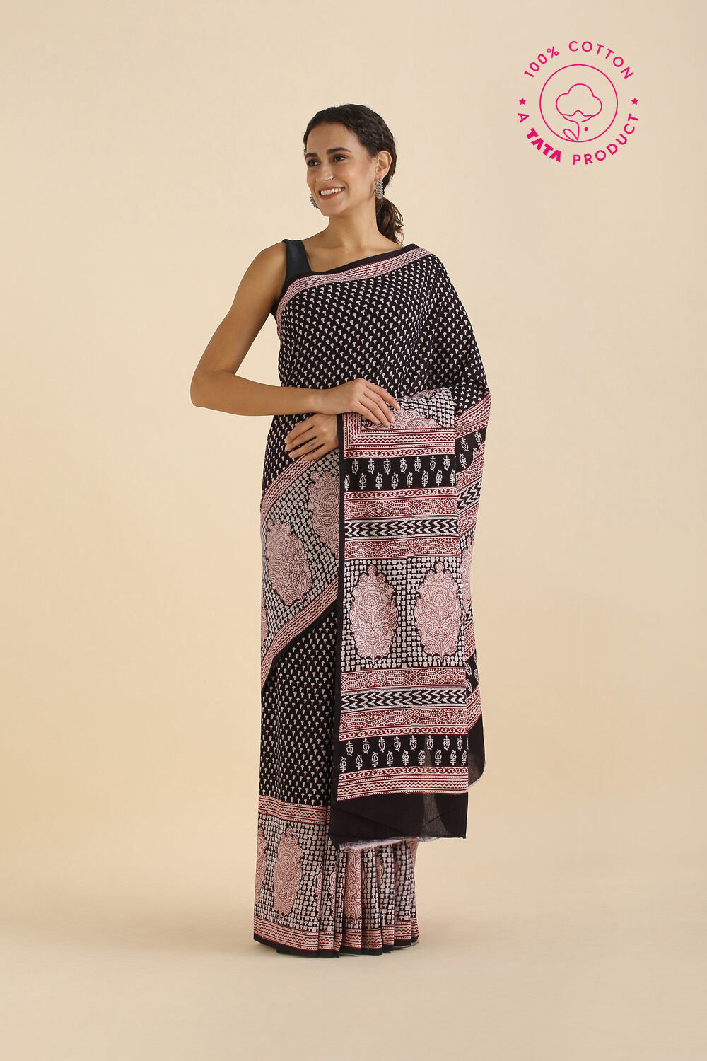 Black Pure Cotton Bagh Printed Saree image number null