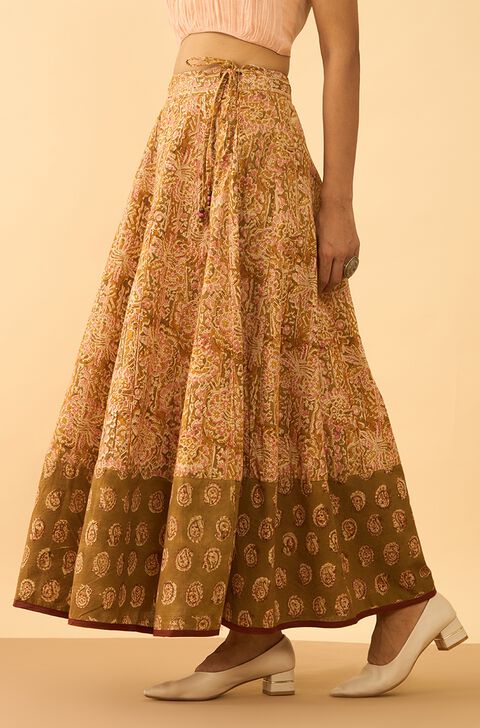 Light Green Printed Kalamkari Pure Cotton Ethnic Skirt