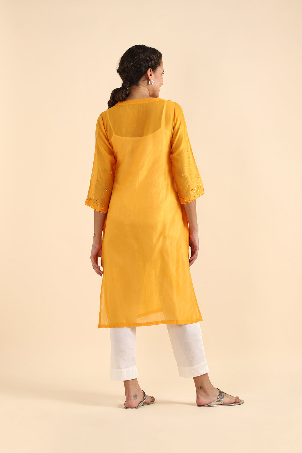 Light Orange Silk Cotton Embroidered Kurta image number null