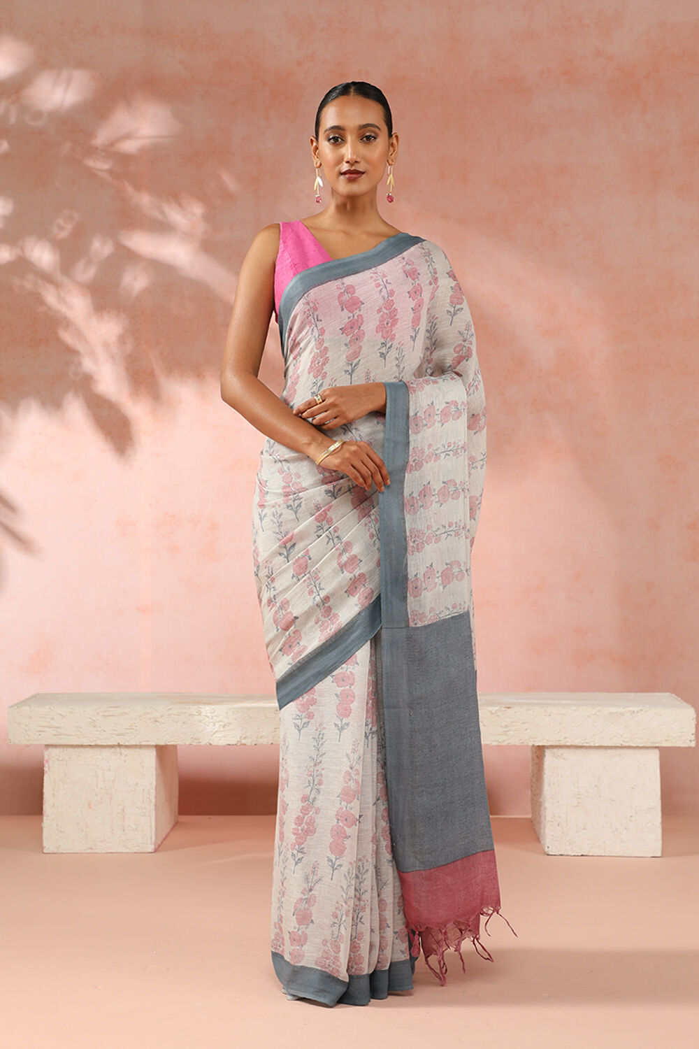 White Contemporary Pure Linen Screen Printed Saree image number null