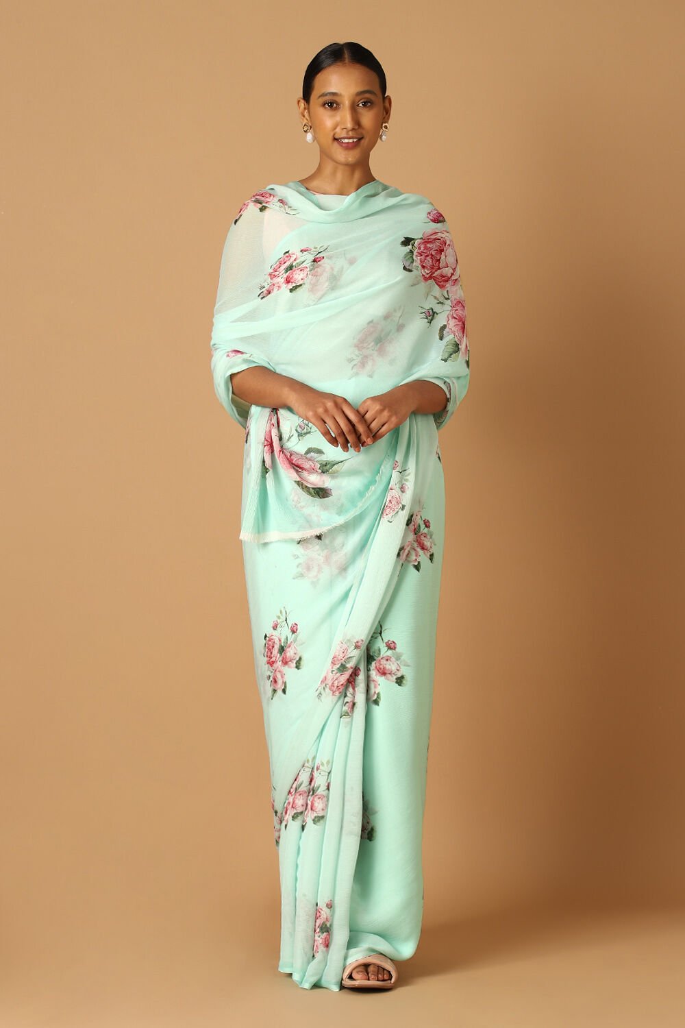Light Blue Pure Chiffon Digital Printed Saree image number null