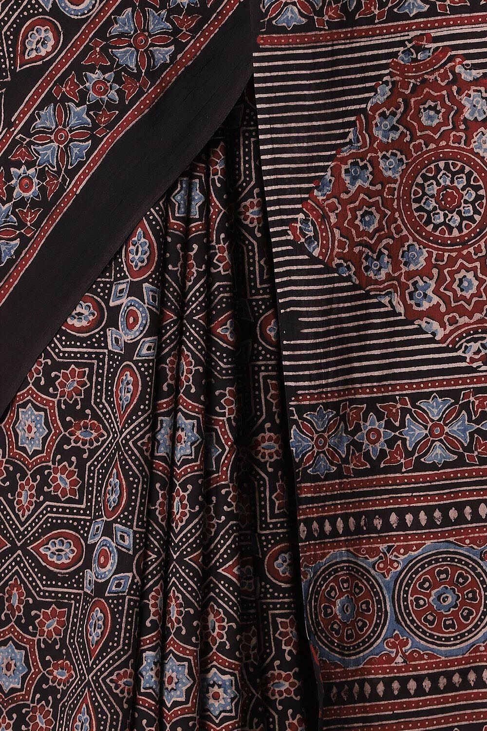 Black Pure Cotton Ajrakh Printed Saree image number null