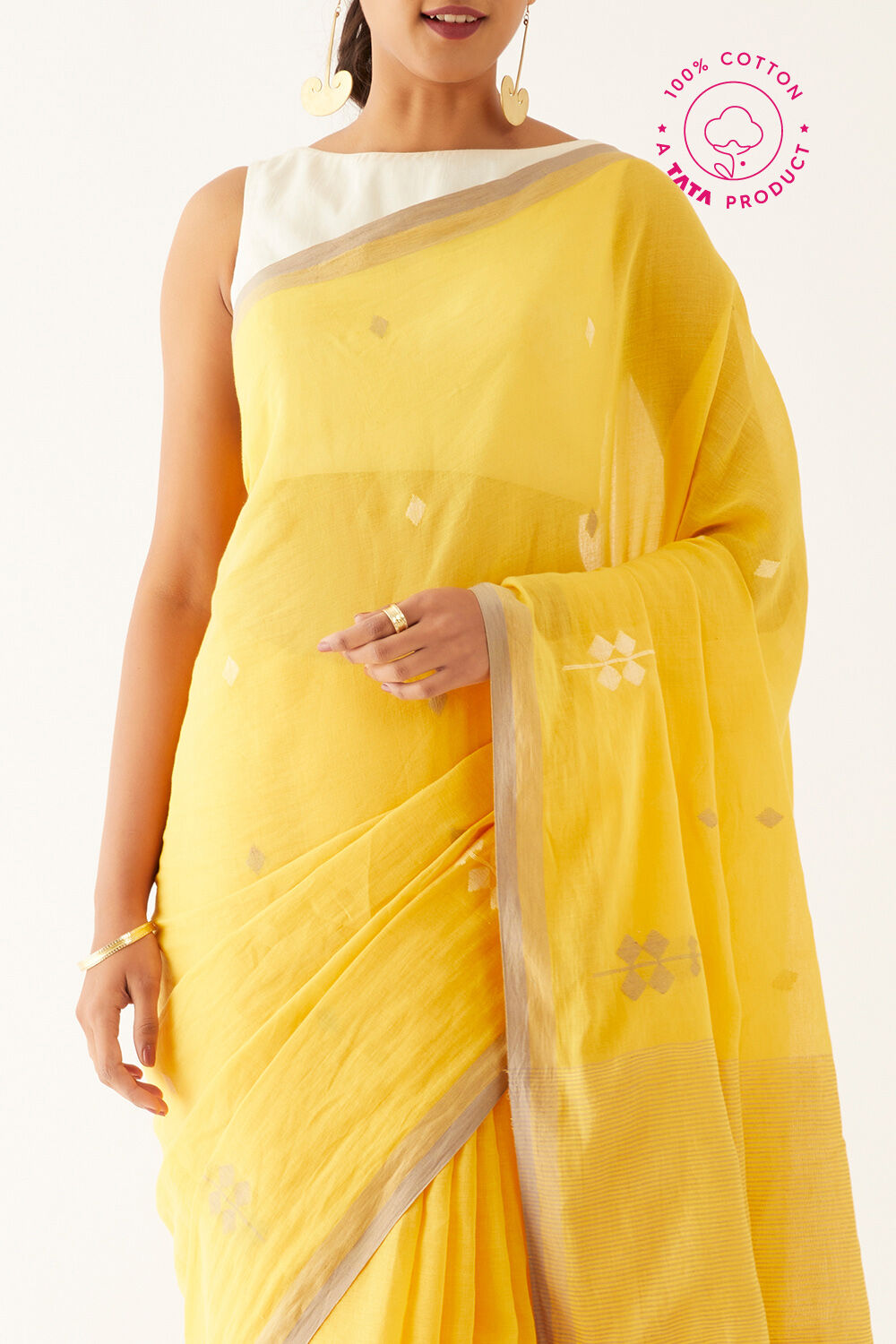 Yellow Pure Cotton Jamdani Bengali Saree image number null