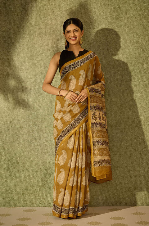 Dark Yellow Bagru Bagru Block Printed Pure Silk Cotton Saree