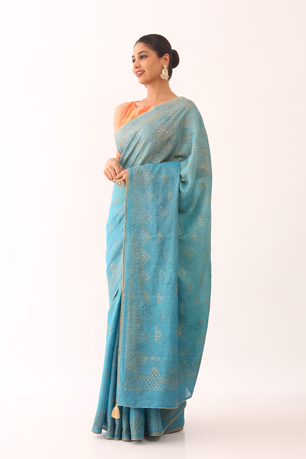 Blue Pure Tussar Tissue Embroidery Saree image number null