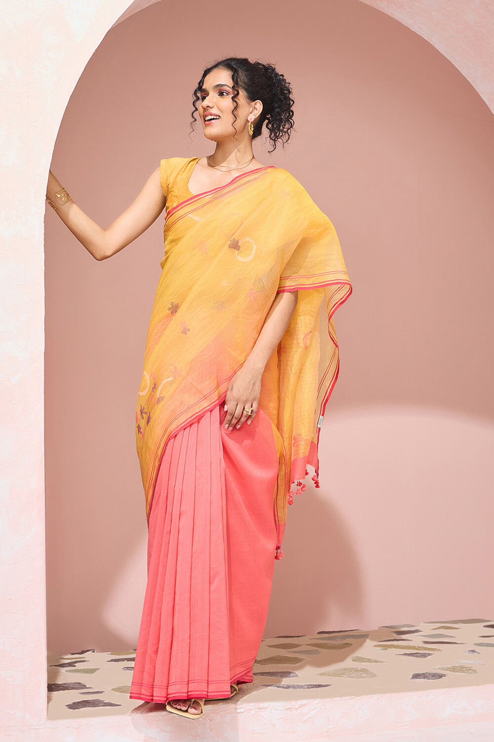 Pink Bengal Pure Silk Cotton Jamdani Saree image number null