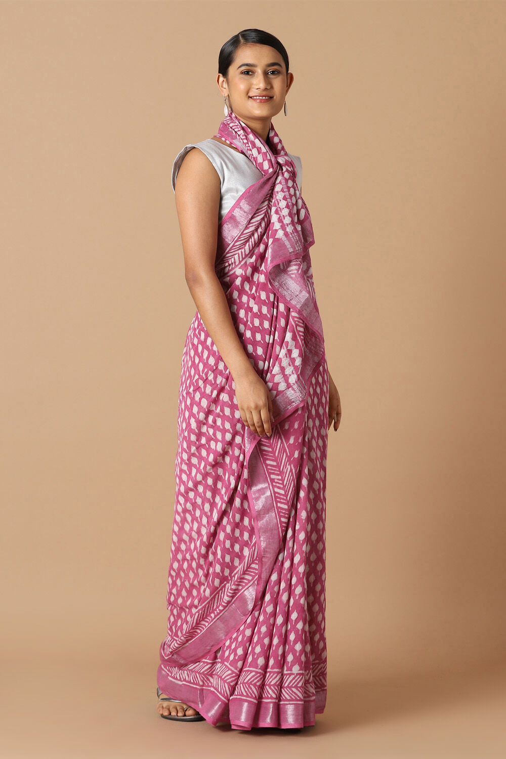 Dark Pink Pure Cotton Linen Bagru Printed Saree image number null
