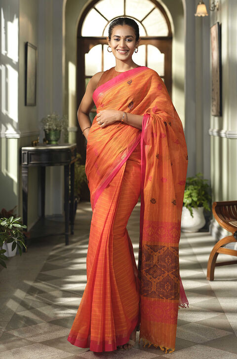 Dark Orange Woven South Pure Cotton Saree