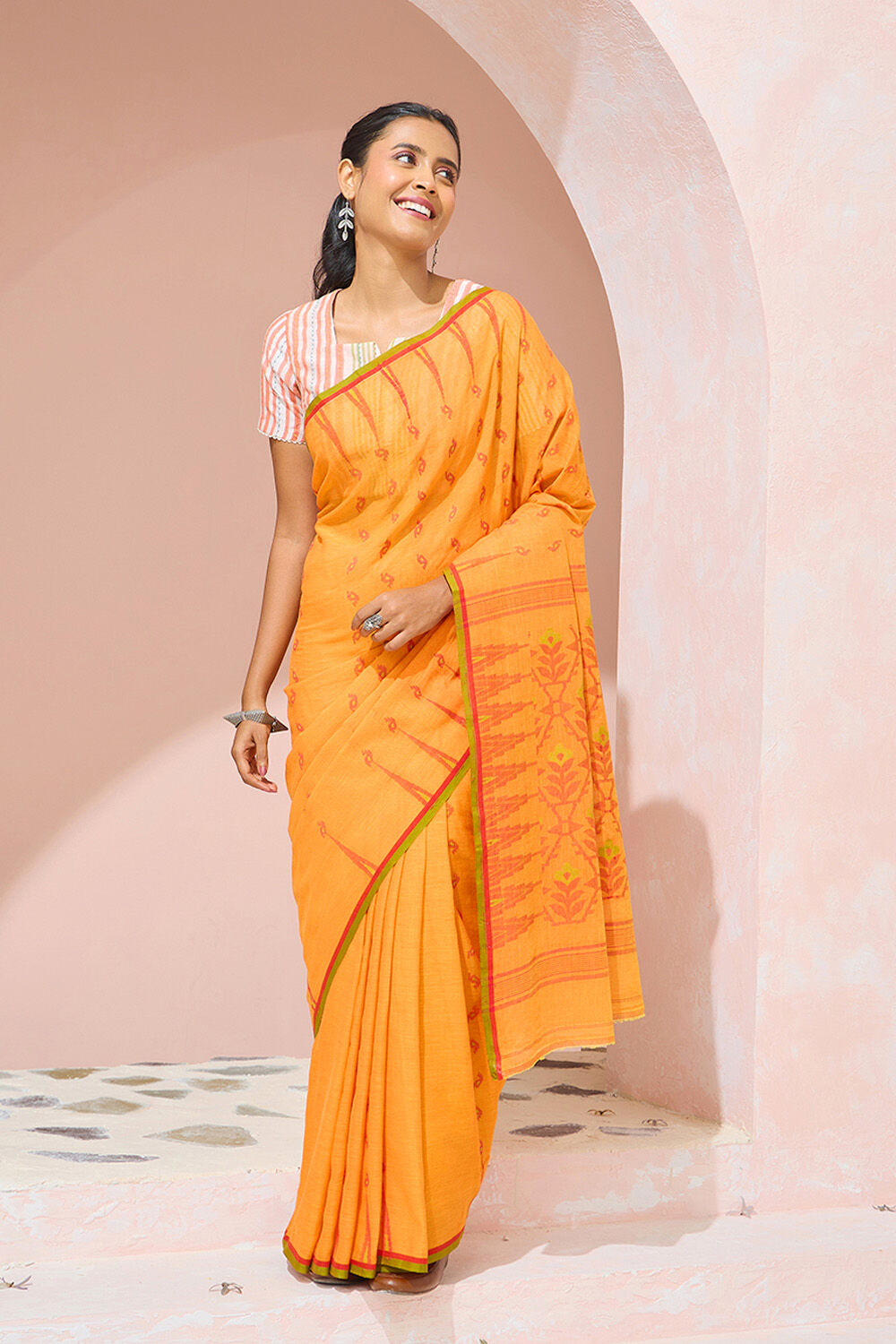 Orange Cutwork Pure Cotton Bengal Saree image number null
