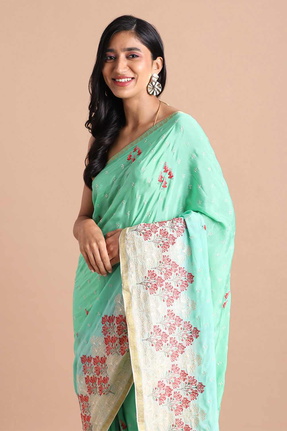 Green Viscose Embroidered Saree image number null