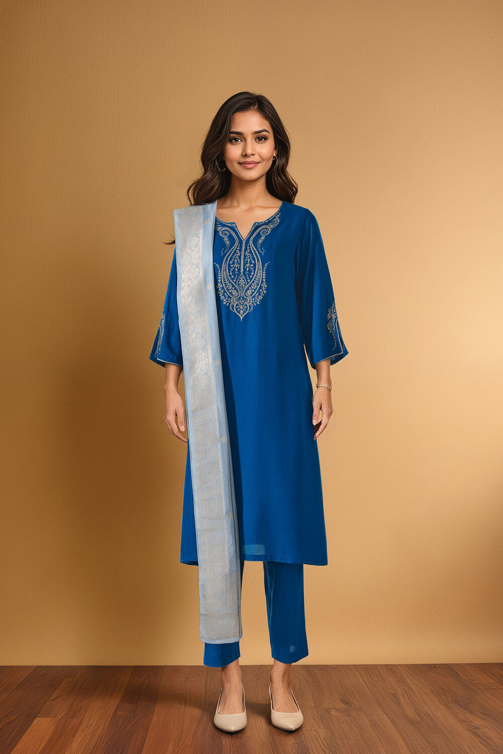 Blue Pure Viscose Embroidered Kurta Set image number null