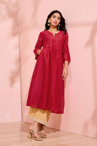 Dark Red Pure Silk Cotton Chikankari Kurta image number