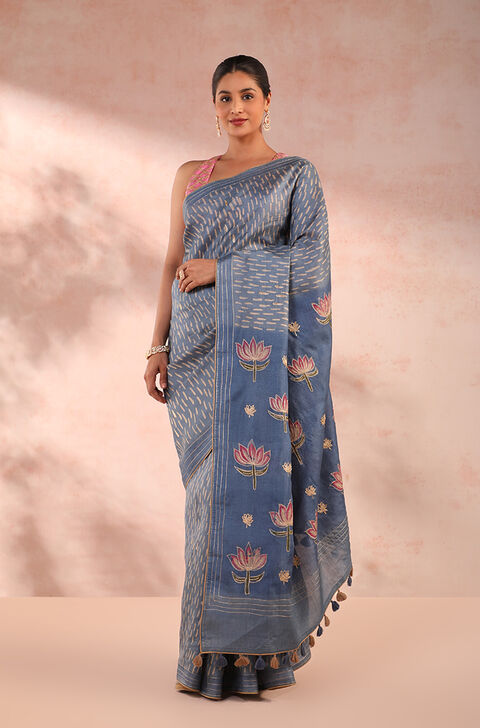 Blue Printed Pure Tussar Saree