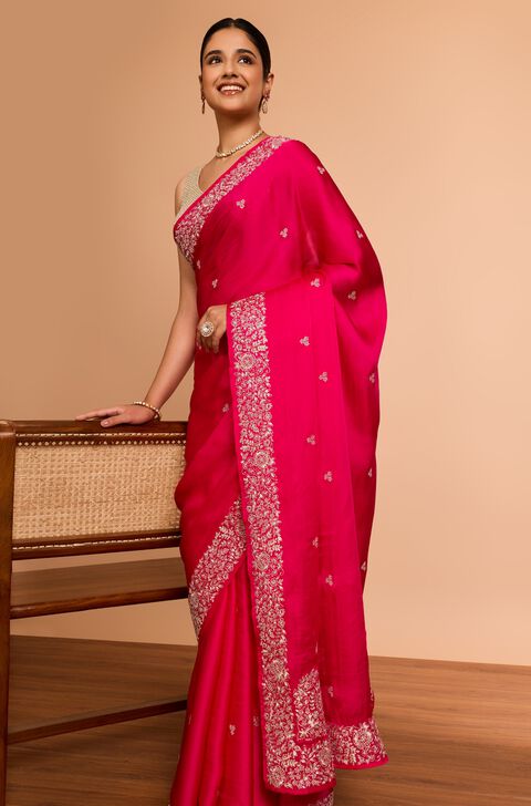 Pink  Viscose Satin Embroidered Saree