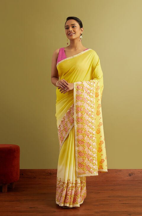 Yellow Block Printed Viscose Luxe Saree