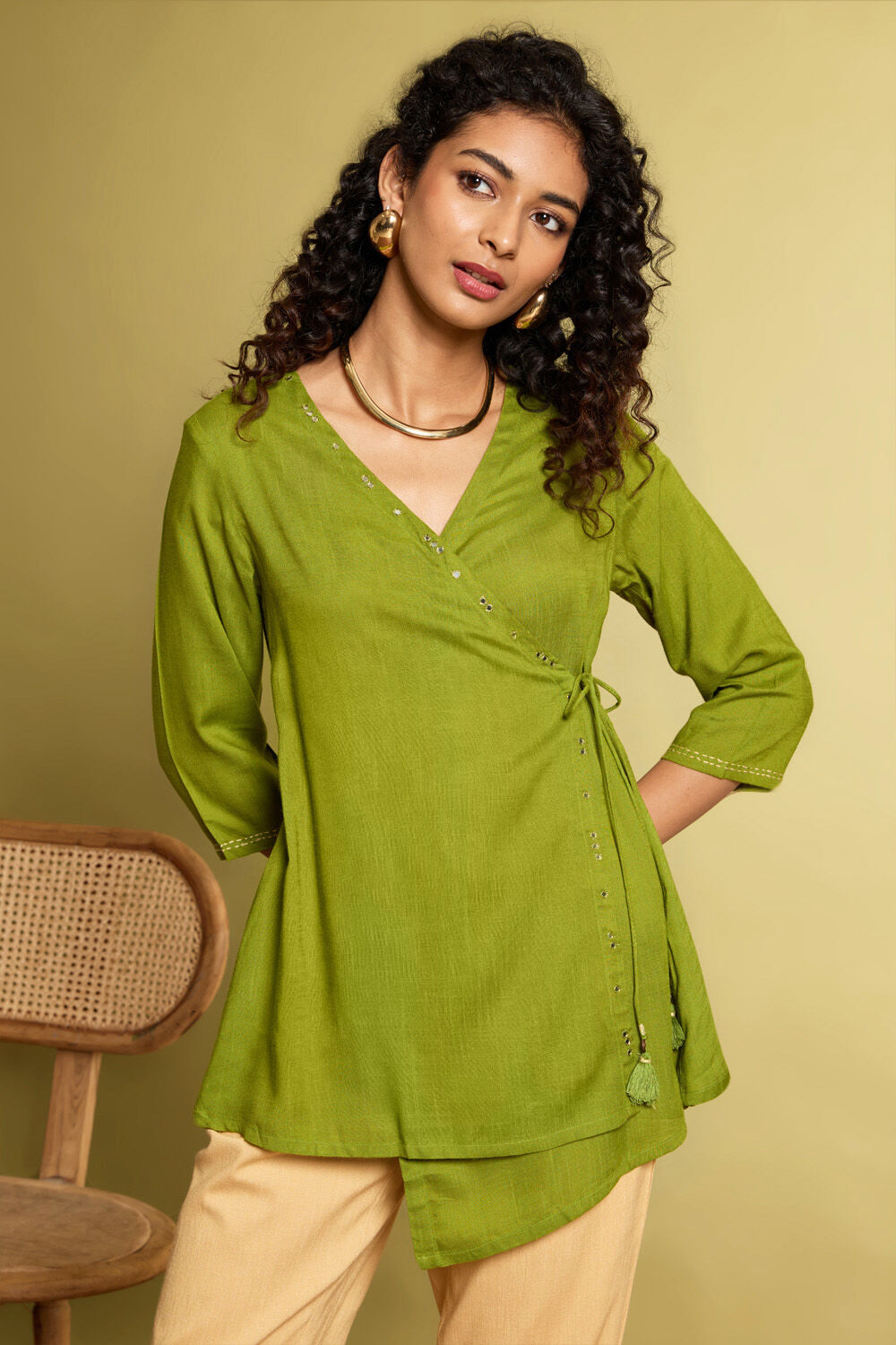 Dark Green Viscose Embroidered Short Top image number null