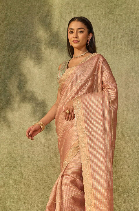 Pink Woven Viscose Tissue Saree