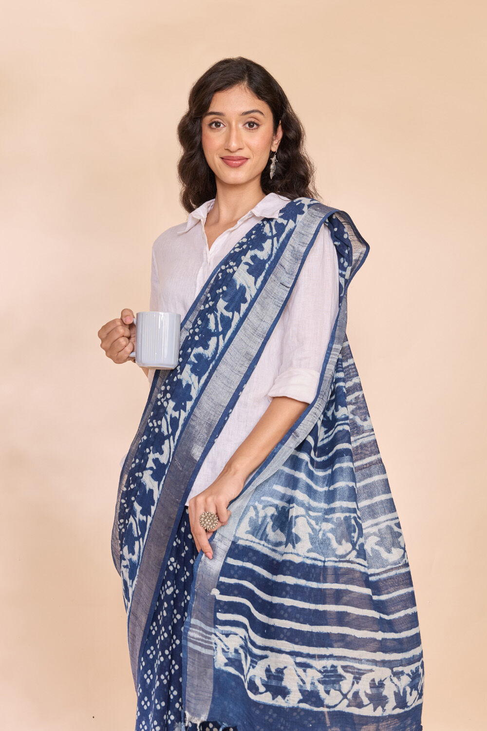 Blue Bagru Viscose Cotton Dabu Block Printed Saree image number null