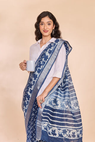 Blue Bagru Viscose Cotton Dabu Block Printed Saree image number