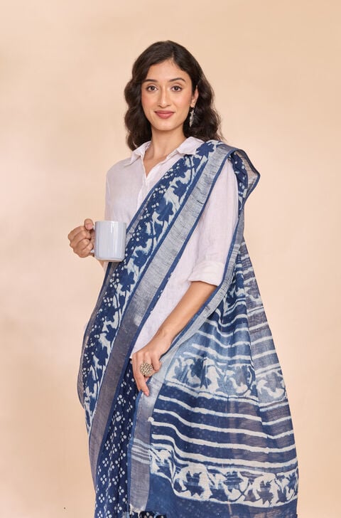 Blue Bagru Viscose Cotton Dabu Block Printed Saree