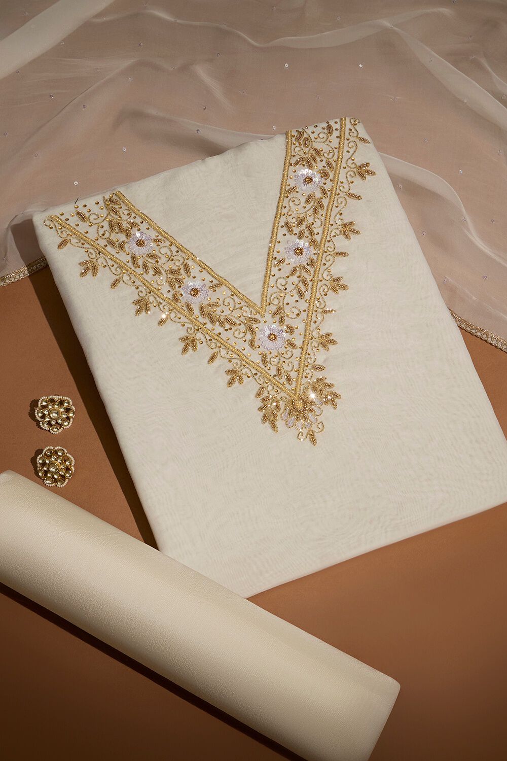 Off White Viscose Embroidered Unstitched Suit Set image number null