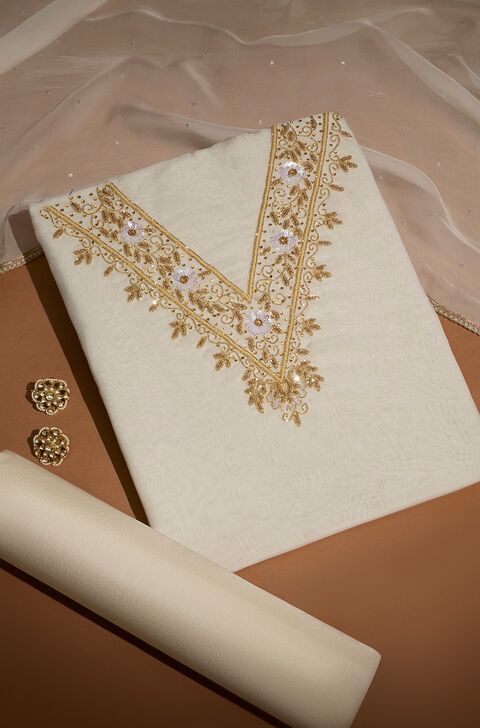 Off White Viscose Embroidered Unstitched Suit Set