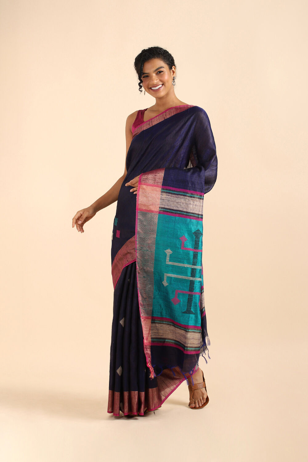 Dark Blue Pure Tussar Silk Bhagalpuri Saree image number null