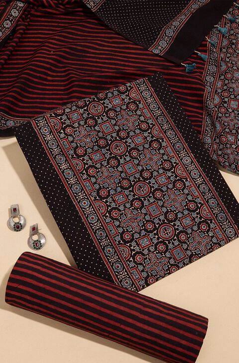 Black Pure Cotton Ajrakh Unstitched Suit Set