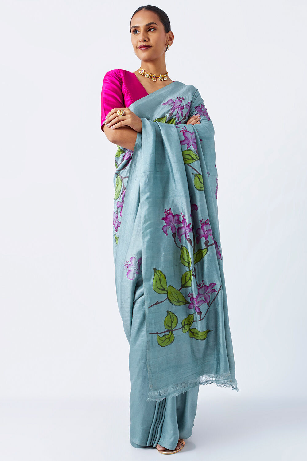 Green Pure Silk Hand Painted Saree image number null