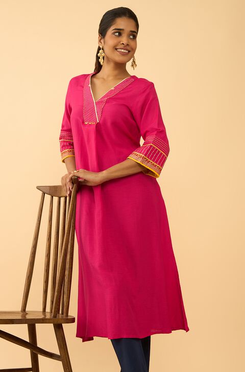 Pink Viscose Embroidered Kurta