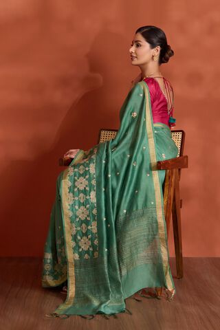 Dark Green Bengal Pure Silk Linen Embroidered Saree thumbnail image number null