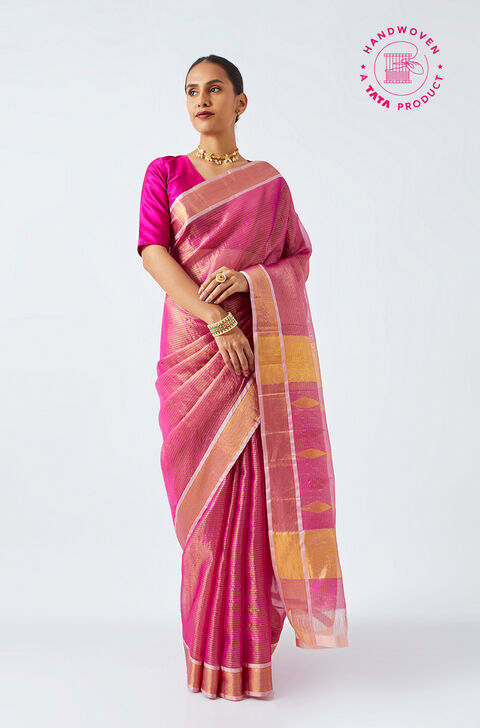 Dark Pink Pure Organza Kanjivaram Saree