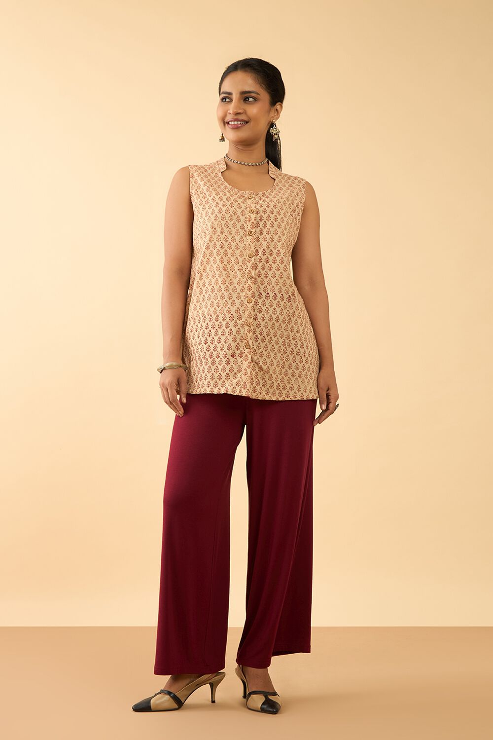 Beige Bagru Block Printed Pure Cotton Short Top image number null