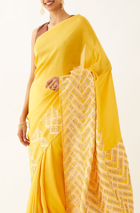 Orange Pure Organza Tissue Printed Saree