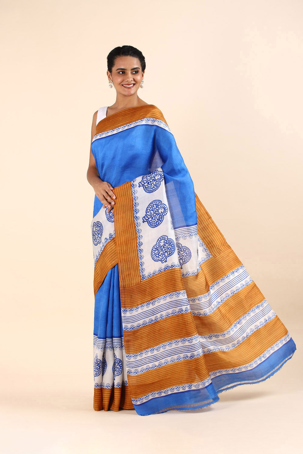 Dark Blue Pure Silk Printed Saree image number null