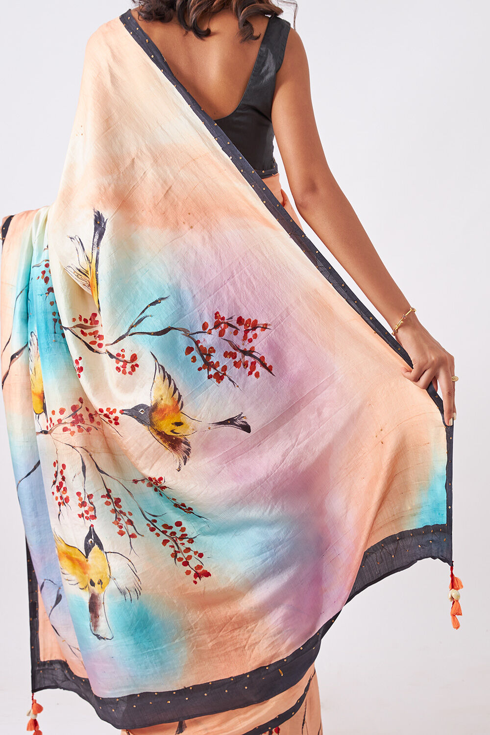 Light Orange Pure Silk Hand Painted Saree image number null