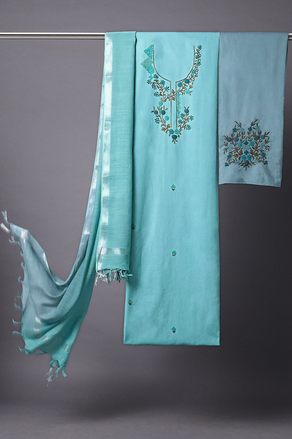 Light Blue Linen Embroidered Unstitched Suit Set image number null
