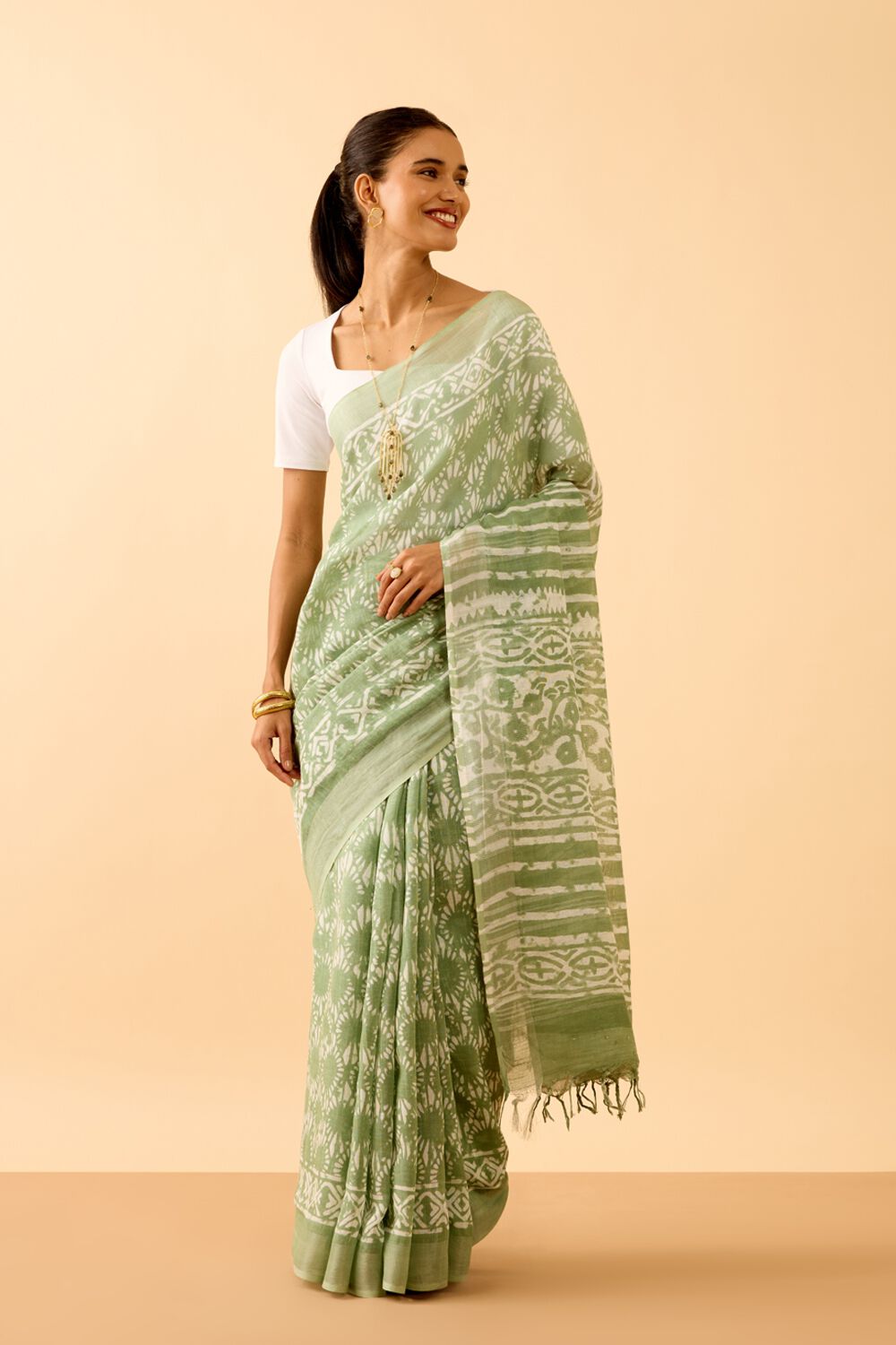 Light Green Rajasthan Cotton Viscose Dabu Block Printed Saree image number null