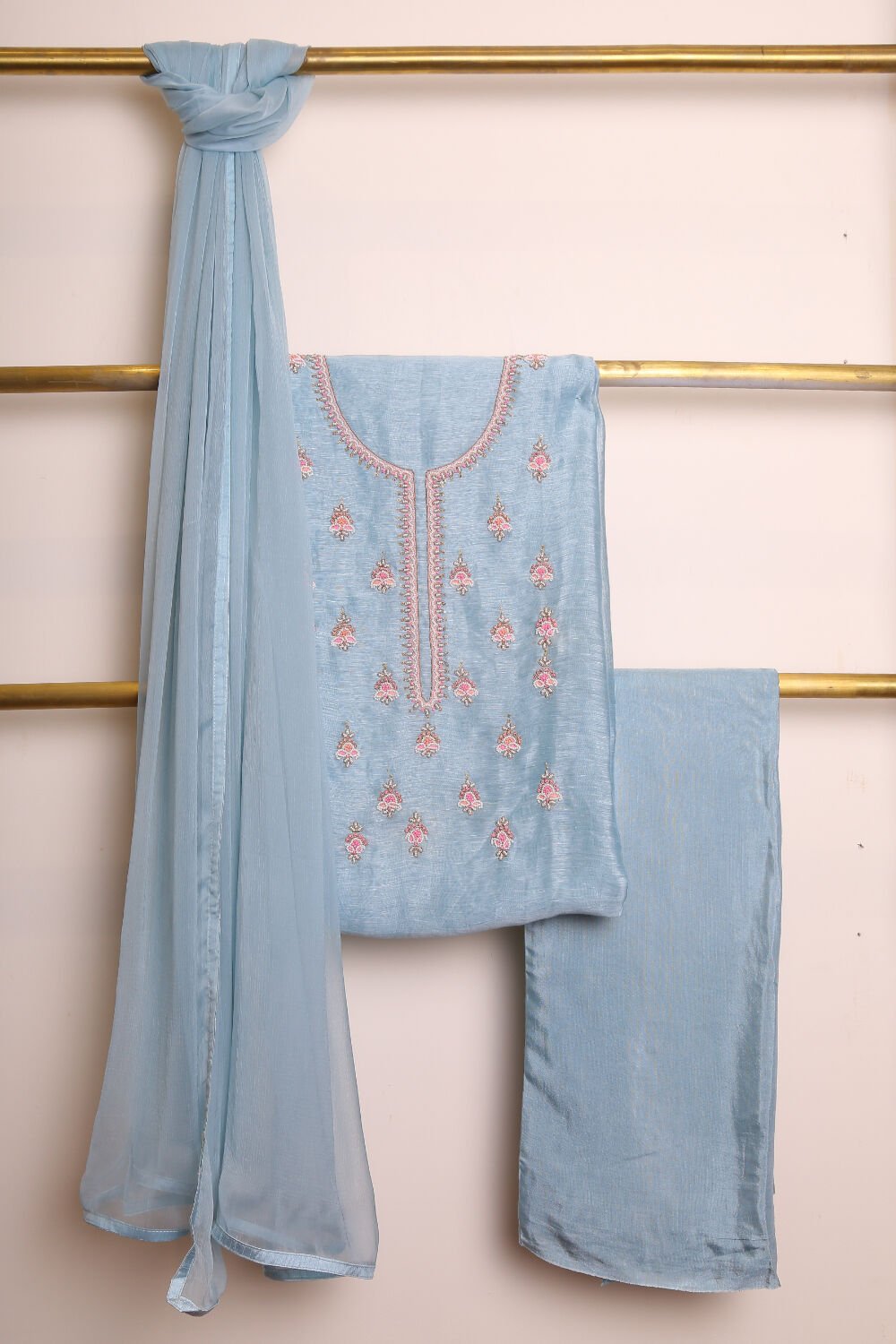 Powder Blue Pure Silk Cotton Suit Set image number null