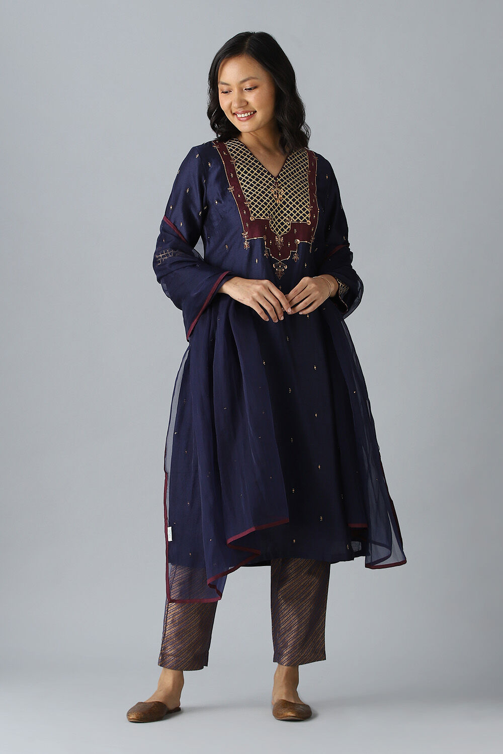 Dark Blue Embroidered Silk Cotton Kurta Set image number null