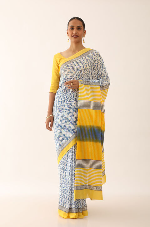 Blue Craft Pure Cotton Block Printed Saree