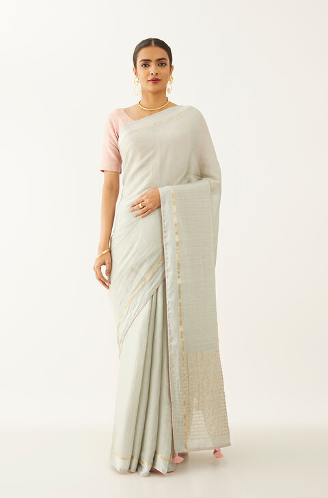 Grey Pure Silk Crepe Woven Saree