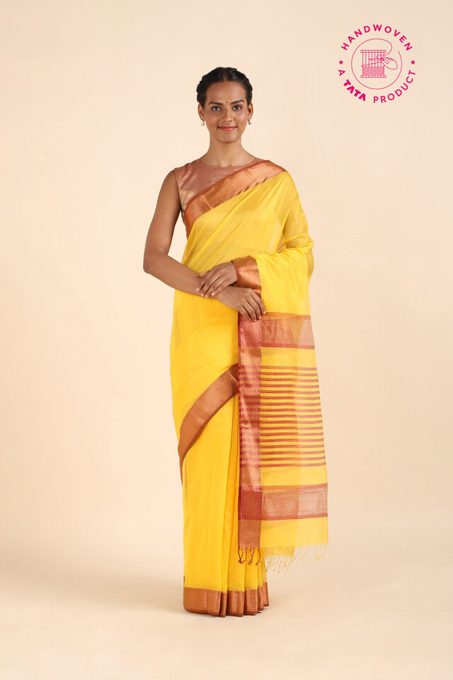 Yellow Pure Silk Cotton Maheswari Saree